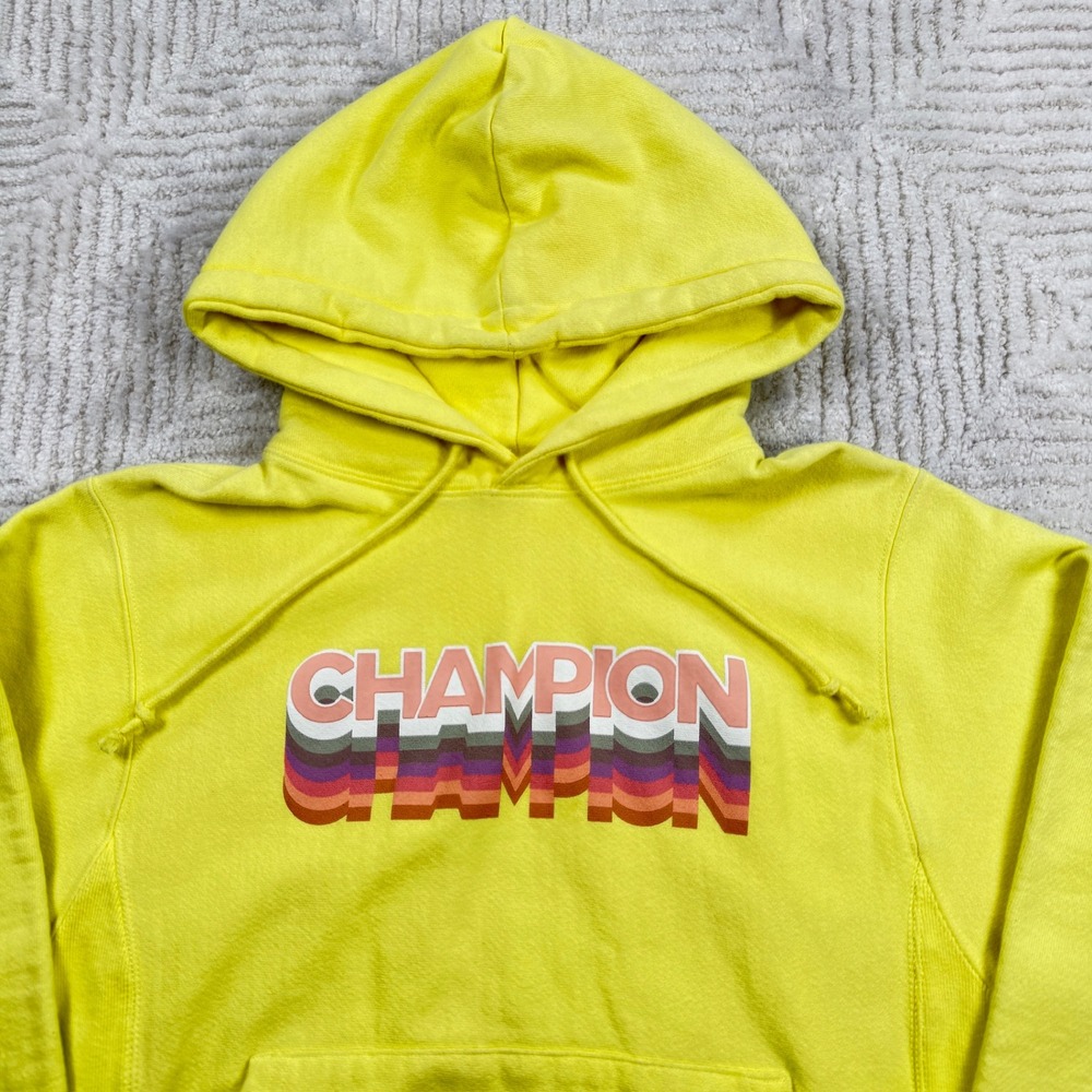Champion Hoodie Men's S Reverse Weave Yellow Retro Graphic Sporty Street Wear - Picture 3 of 16